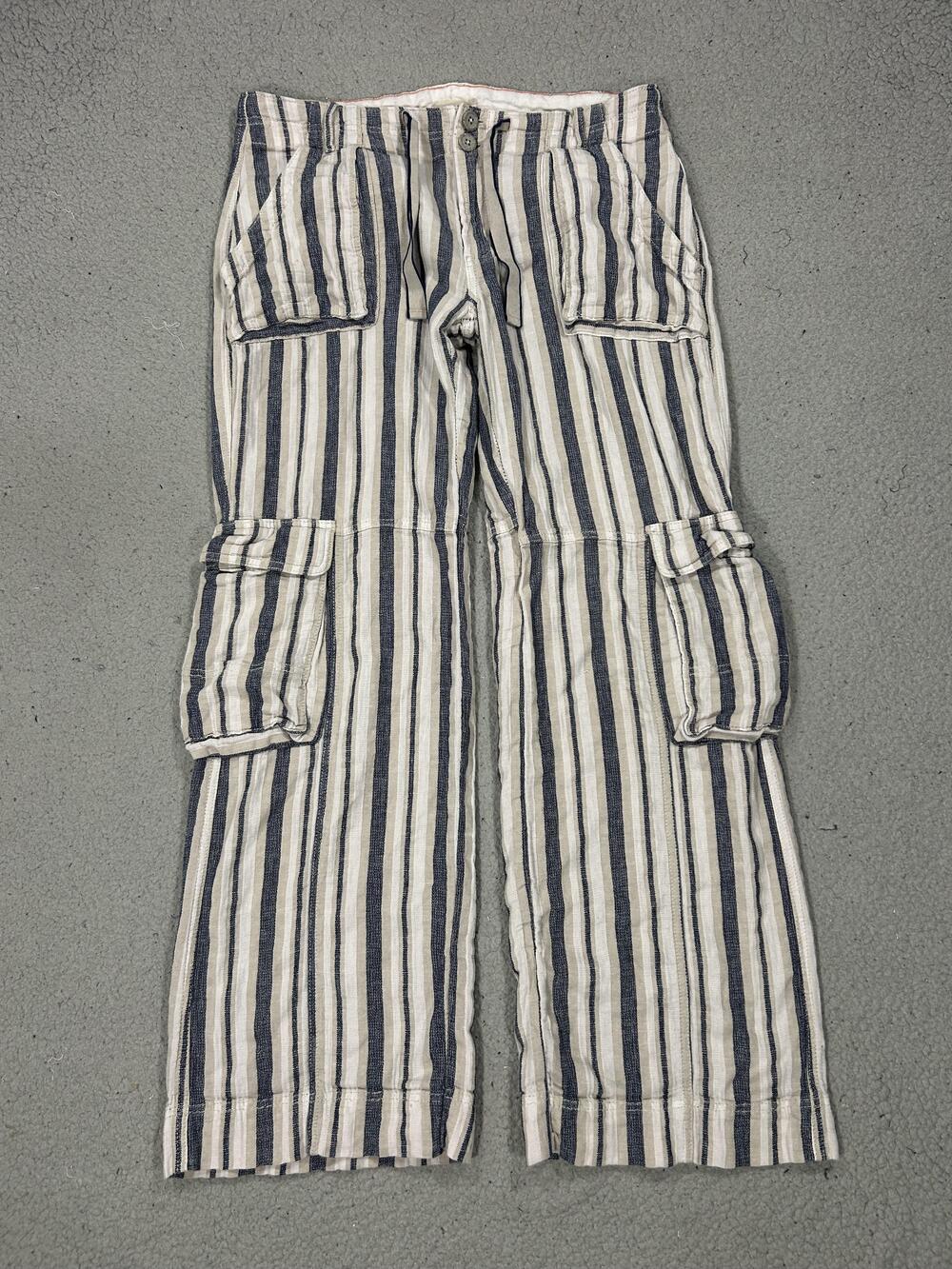 Pilcro Cargo Pants Womens 30 Blue Stripe Linen Cotton Wide Leg Travel Casual